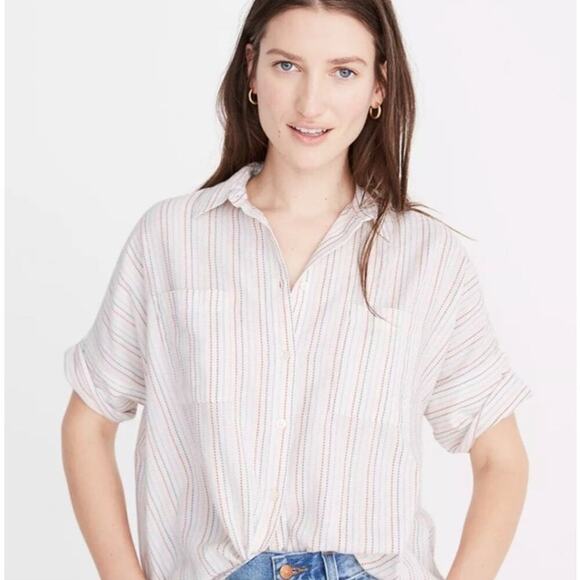 Madewell Courier Shirt Stitched Rainbow Stripe Women's XXS White Boxy Oversized - Picture 1 of 11